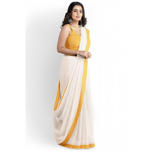 Buy Da Lat Kerala Womens Kasavu Mundu Sarees | White | Peacock Embroidered  | Pure Cotton | Running Blouse at Amazon.in