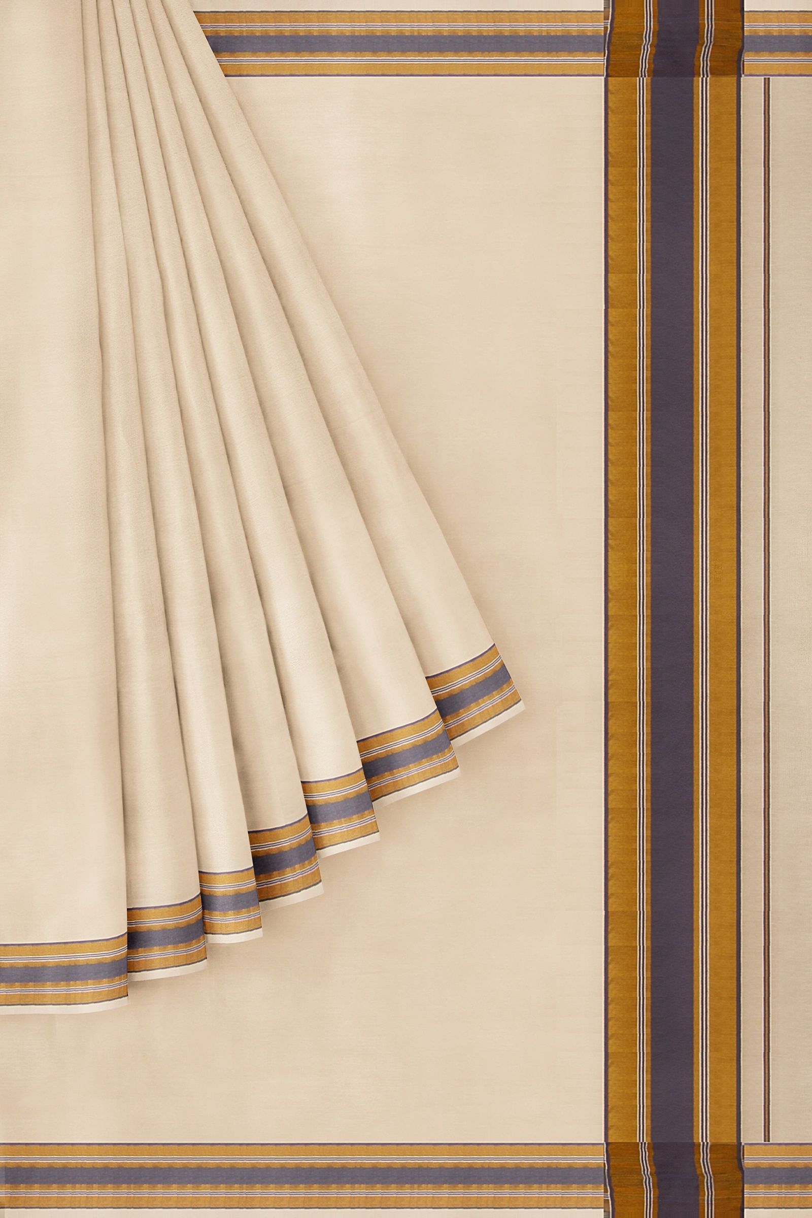 Saarank murals Cream Tissue Mural Painted Kerala Kasavu Handloom Saree