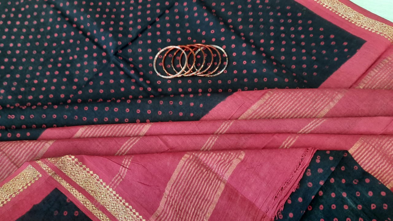 Maroon, Ajrak Hand Block Printed On Madurai Cotton Saree With Zari – villvam